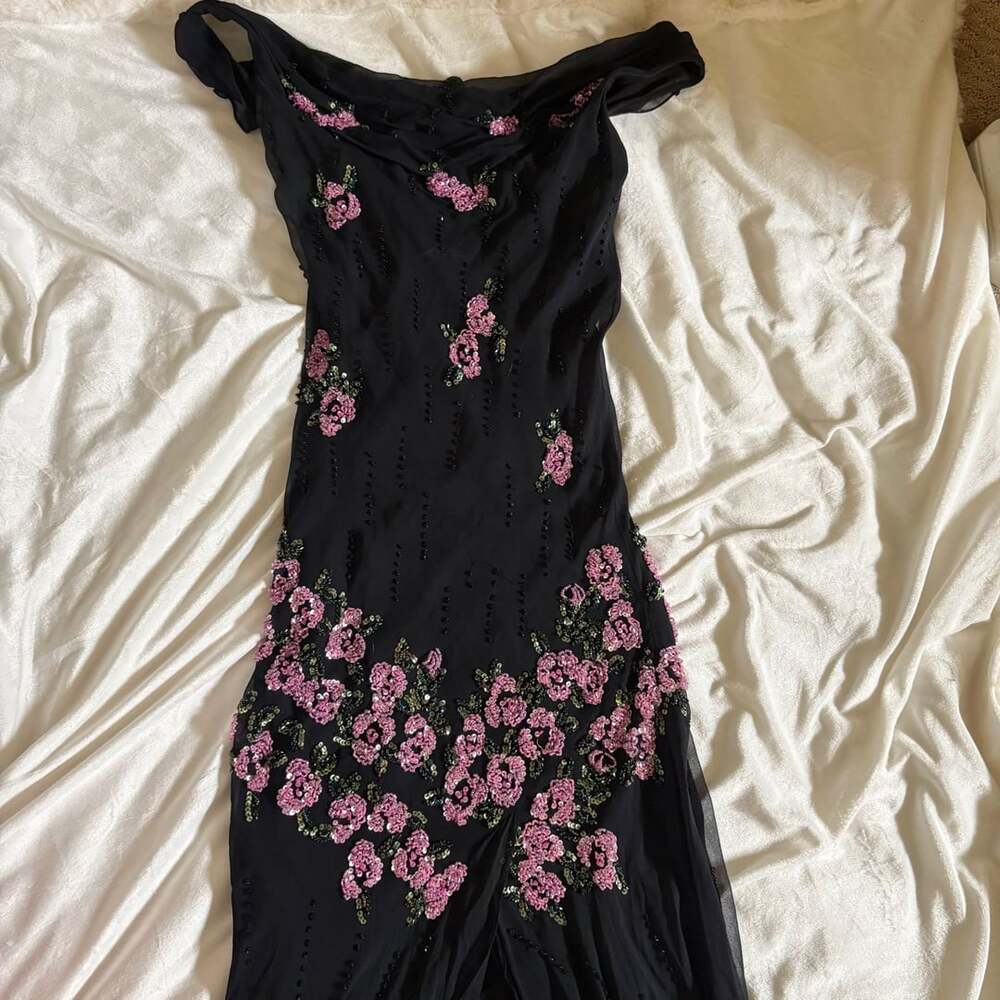 Cartise Couture Black Silk Beaded Floral Embroidered Off-Shoulder Maxi Dress